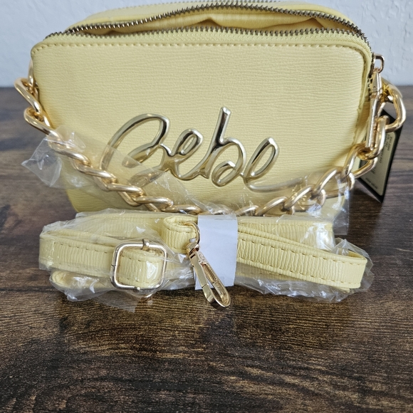 NWT Bebe Gianna Butter Yellow Camera Bag Gold Logo Chain Satchel Crossbody Purse - Picture 6 of 12